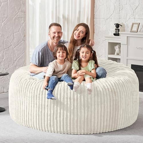 Image of HABUTWAY 6FT Bean Bag Chair, 6' Large Bean Bag Chairs for Adults with Removable Stripe Plush Cover, Memory Foam Beanbag Chair for Living Room Bedroom Dorm,White