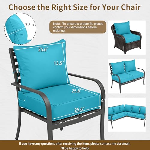 Image of 25.6x25.6 Outdoor Chair Cushions 4 Set, Waterproof Deep Seat Cushions for Patio Furniture with Removable Cover, Fade Resistant 4'' Outdoor Seat Cushion w / Ties&Handle for Sofa Loveseat, Lake Blue