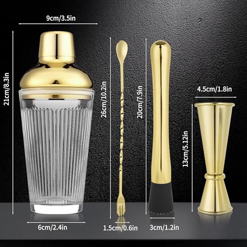 FayuuGem Cocktail Shaker Set 17oz, Gold Glass Martini Shaker with Strainer & Lid, Durable Bar Tools for Home Bartenders, Gift Box Included by FayuuGem - Image 2