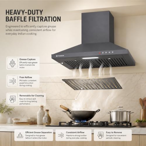 Image of Faber SION 60 cm 900 m /hr Wall Mounted Kitchen Chimney | Baffle Filter | Push Button | LED Lights | 1 Year Comprehensive Warranty and 12 Years on Motor | Neo Craft Grey | HOOD SION PB BF NG 60