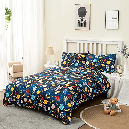 Owl Queen Space Duvet Cover Set Twin Size For Boys Astronaut Rocket Planets Cute Cartoon 3 Pieces Space Bedding Twin With 1 Duvet Cover & 2 Pillowcases,Galaxy Duvet Cover With Zipper Ties #TOP1