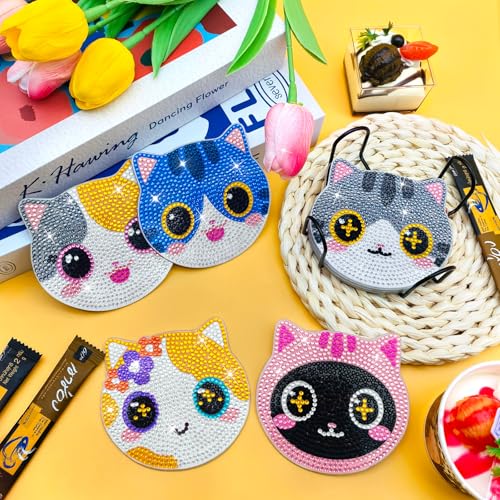 Image of ZTOTZ Cat Diamond Art Painting Coaster Kit, DIY Round Coasters Set of 8 | Cute Cat Crafts Kit, Includes Holder Stand, Cork Backing Pads, Ideal Christmas Gift, For Adults & Beginners, 3.9in Size