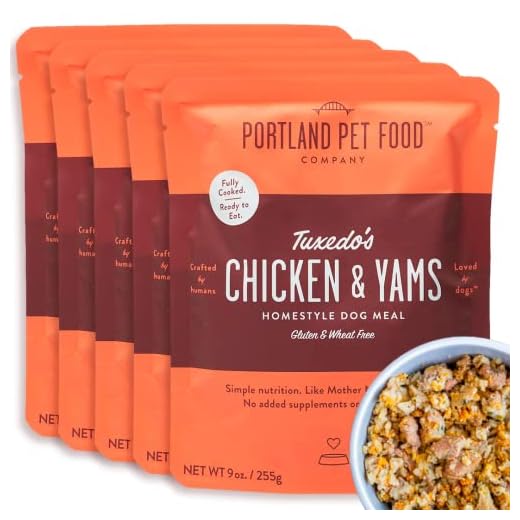 Portland Pet Food Company Fresh Dog Food Pouches - Human-Grade Toppers Wet Pet Meal & Mixers - Gluten-Free Limited Ingredient Tuxedo’s Chicken & Yams - Large & Small Breed Puppy & Senior Dogs - 5 Pack
