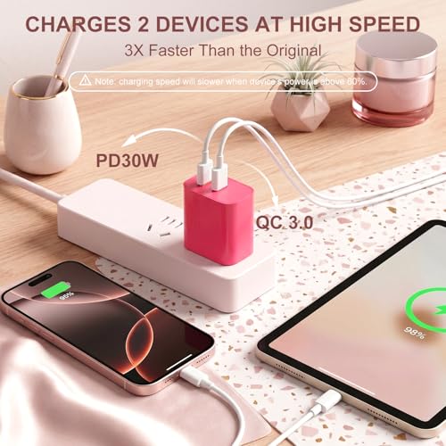 Image of Aolcev for iPhone Charger Fast Charging 2 in 1 USB A USB C Charger Block 30W Cute Type C Fast Charging Blocks for iPhone 17 16 15 14 13 for iPad USB C Charging Adapter for Galaxy S26 S25 S24 Rose Pink