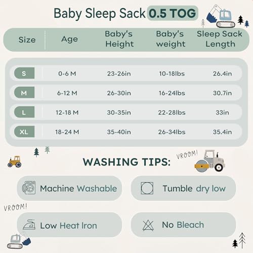 Image of Baby Sleep Sack 12-18 Months 0.5 Tog Wearable Blanket Baby, 3 Pack 100% Cotton Lightweight Sleeping Sack with 2-Way Zipper for Infant Toddler Excavator