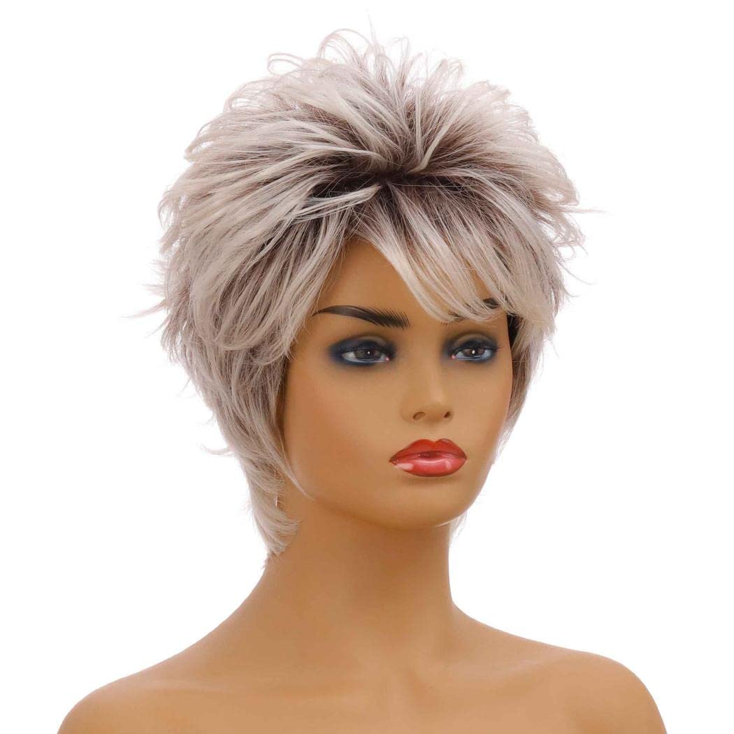 Pelucas cortas de corte pixie para mujer, pelucas de pelo completo sintético natural en capas para mujer, pelucas Ombre de cosplay de uso diario (Marrón Mezcla Gris)