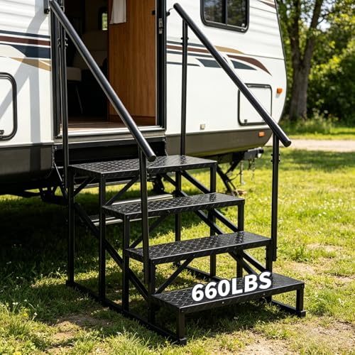 600Lbs Capacity 4-Step RV Steps with Dual Handrails - Anti-Slip Heavy-Duty Outdoor Stairs for Mobile Home - Portable Stairs for Camper Porch