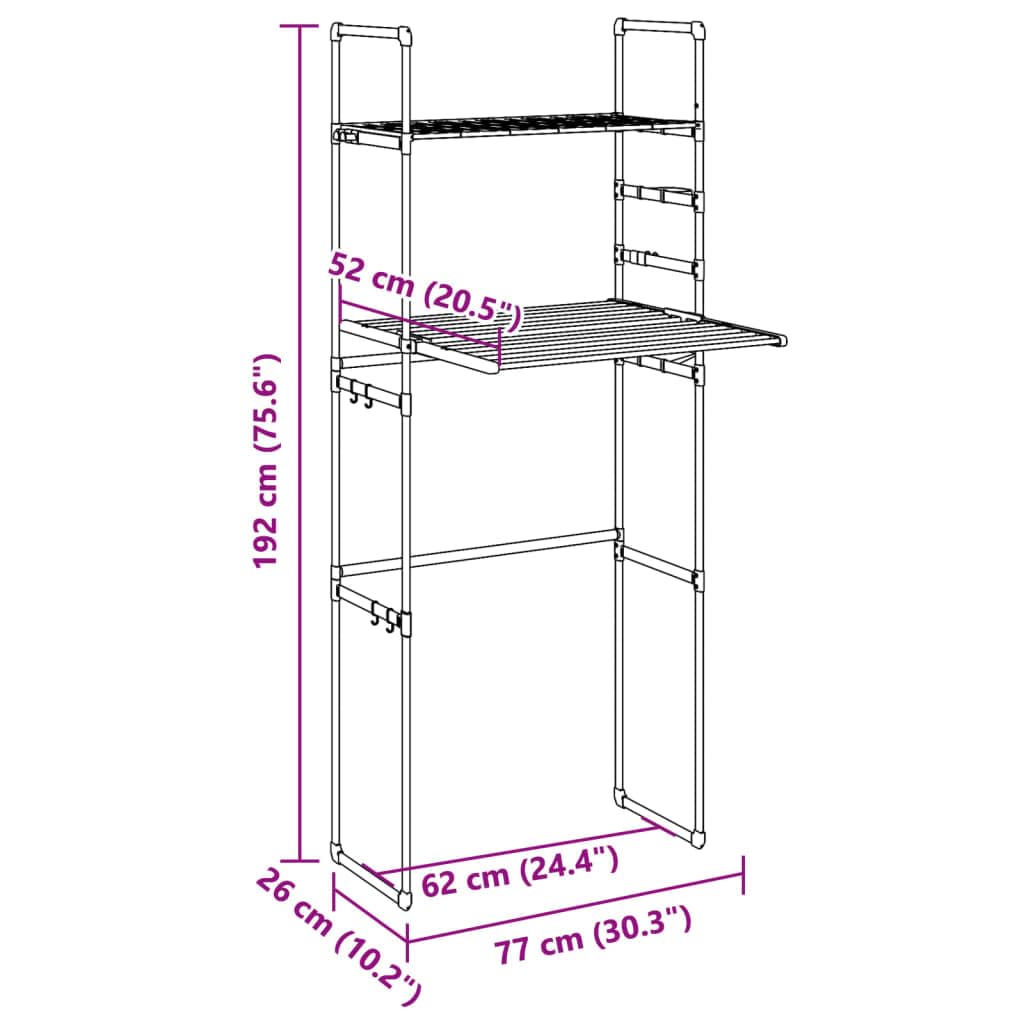 Waschmaschinenregal 77x52x192 cm Aluminium Wandregal mit Hakenleiste für Badezimmer Küche Garage und Flur, platzsparende Aufbewahrung, verstellbare Höhe, robustes Silbern Design