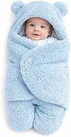 Saco de Dormir Bebê Tipo Casulo, Cobertor Enroladinho Plush, Rosa, com Capuz de Ursinho (Azul)