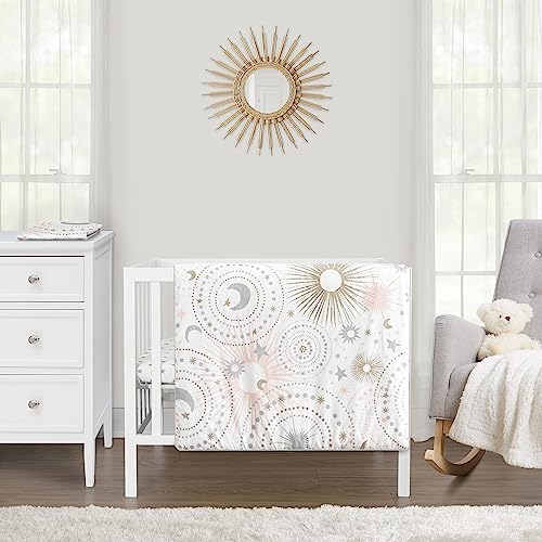 Image of Sweet Jojo Designs Blush Pink Gold Star and Moon Girl Baby Mini Crib Bedding Set for Infant Nursery Room Newborn Blanket and Portable Pack n Play Sheets 3pc Grey Celestial Sky Stars Gray Shabby Chic