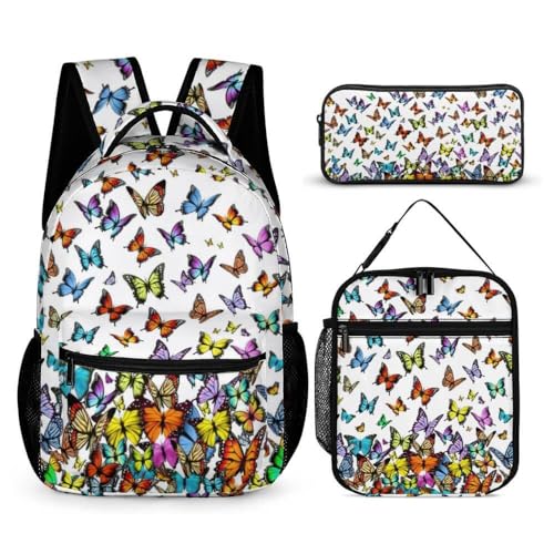 Butterfly Backpack with Lunch Box & Pencil Case, 16 Inch Cute Butterfly Themed Bookbag, Adjustable Durable Lightweight Large Capacity, Colorful Butterfly Backpack Set for Kids Girls Boys School