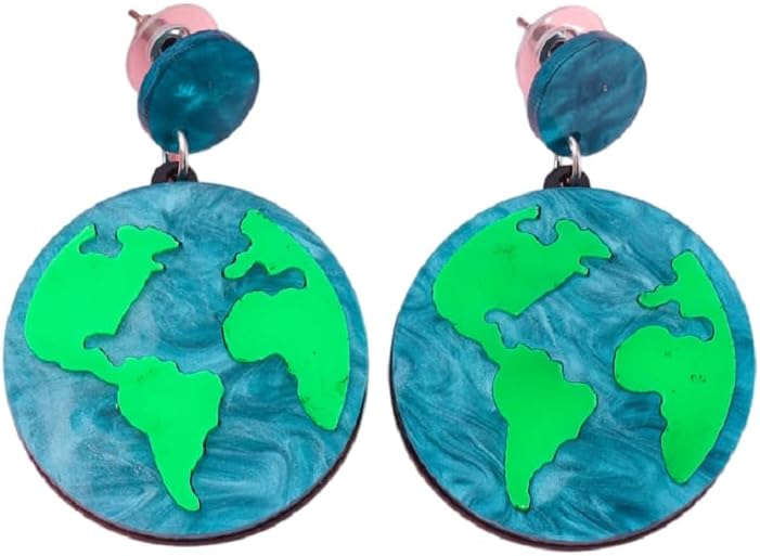 Acrylic Planet Earth Earrings Shiny Blue Green Ocean World Earrings for Women Circle Charms Drop Dangle Earrings for Earth Day