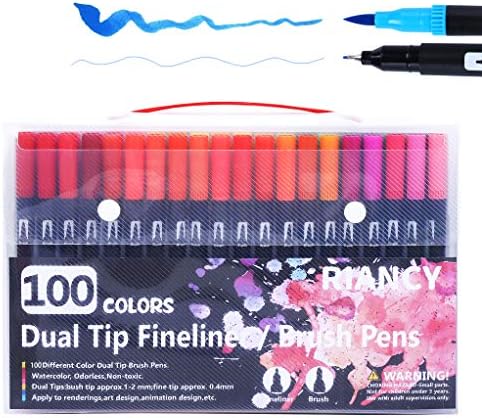 RIANCY Watercolor Dual Tip Fineliner & Flexible Brush Pen Set,100 Assorted Colors, Double-Ended Art and Writer Calligraphy Markers for Kids Students Designer Painter Artists (100 Colors)