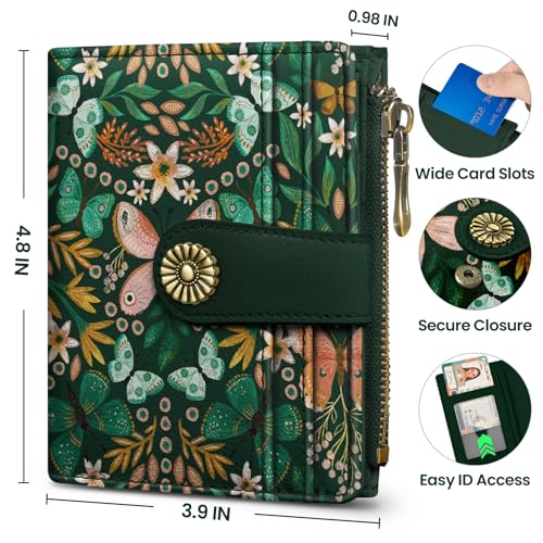 Image of Small Wallet for Women, RFID Blocking Bifold Card Holder Wallet with 10 Card Slots, Cash Compartment, Zipper Coin Pocket & ID Window, Cute Soft Vegan Leather Compact Wallet, Butterfly