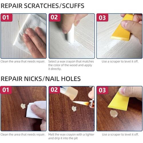 Image of Kenbry Wood Filler Sticks 3 Colors White Wax Fill Stick, Wood Repair Kit for Scratches, Crack, Scuffs, Gouges on Wooden Funiture, Floors, Cabinets, Tables, and Doors-Rub Briskly Repair