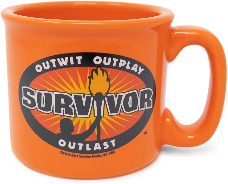 Survivor Outwit Outplay Outlast Campfire Mug – 15 oz Ceramic Coffee Mug, Rustic Style Fan Gift, Orange Coffee Cup, Inspired by Survival Reality TV