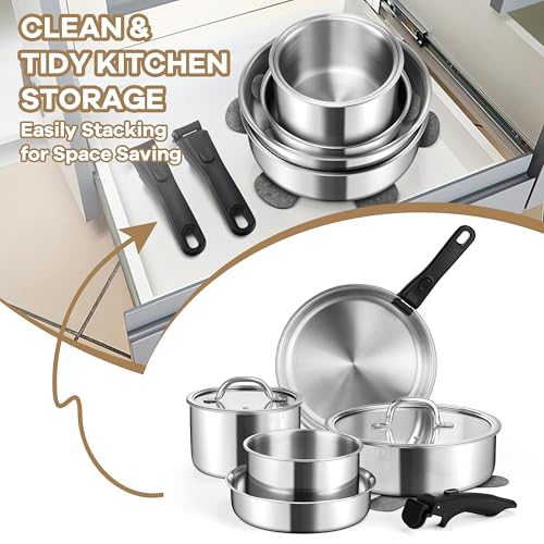 E-far 9pcs Pots and Pans Set, Stainless Steel Cookware Set with Detachable Handle, All-Clad 3-Ply Kitchen Cookware Sets with Removable Handle, Induction Cooking Set for RV Camping, Oven Safe - Image 6
