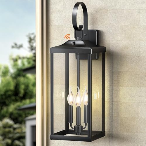 Image of 24 inch Extra Large Dusk to Dawn Outdoor Light Fixture, Waterproof Coach Lights | Anti-Rust Exterior Lighting Fixtures Wall Mount, Outdoor Wall Lantern 3-Light with Tempered Glass for House, Black, 1-Pack
