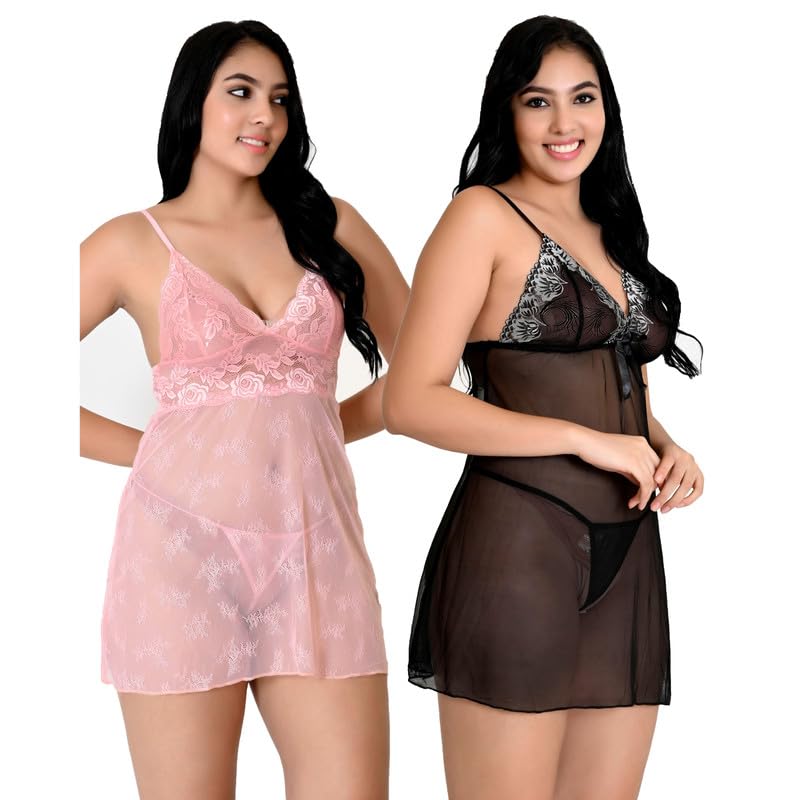 Image of Love Maker Soft Spandex Net Women Babydoll Honeymoon Nightwears Combo Small to 3XL
