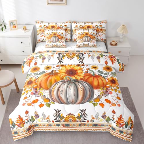 Autumn-Harvest-Fall-Queen-Comforter-Set-7-Pieces-Bed-in-a-Bag-SetThanksgiving-Pumpkin-Bedding-Sets-Queen-with-Bohemian-Sunflower-Floral-Quilted-ComforterFlat-SheetFitted-SheetPillowcases Autumn Harvest Fall Queen Comforter Set 7 Pieces Bed in a Bag SetThanksgiving Pumpkin Bedding Sets Queen with Bohemian Sunflower Floral Quilted ComforterFlat SheetFitted SheetPillowcases