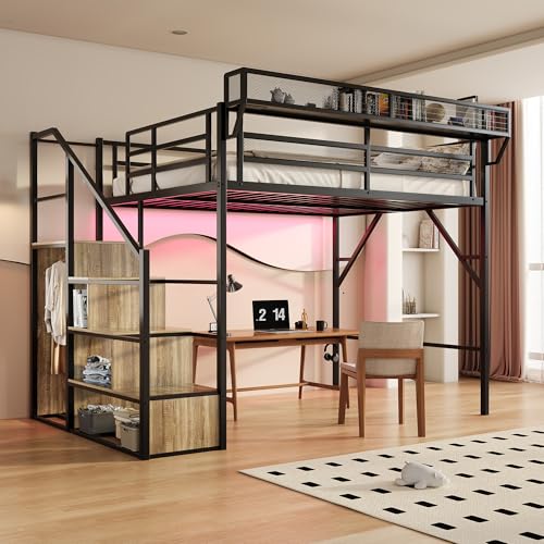 Image of Queen Size Metal Loft Bed with Reversible Stairs and LED & USB Port