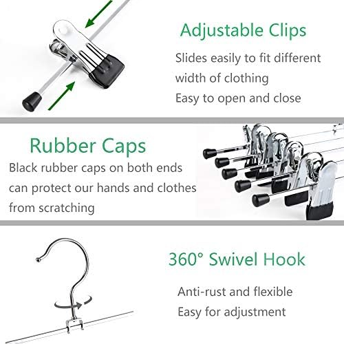 Amber Home 30cm Chrome Metal Trousers Hangers 12pcs, Silver Metal Skirt Hanger for Pants Slacks Jeans Bottoms with Non-slip Adjustable Clips and Swivel Hook