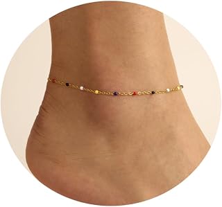 18K Gold Plated Boho Beaded Anklets for Women Dainty Gold Layered Round Ball Ankle Bracelet Pearl Cross Anklet Bracelet Waterproof Gold Jewelry