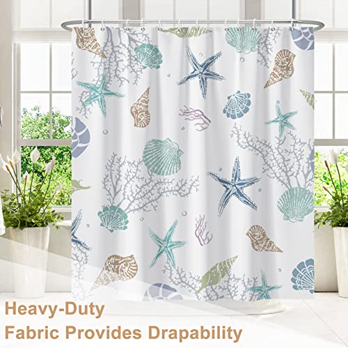 Ttincceer Nautical Coastal Shower Curtain, Coral Conch Starfish Seashell Bathroom Curtain, Ocean Theme Underwater Marine Shower Curtain Set With 12 Hooks For Bathroom 72" Wx72 L #TOP4