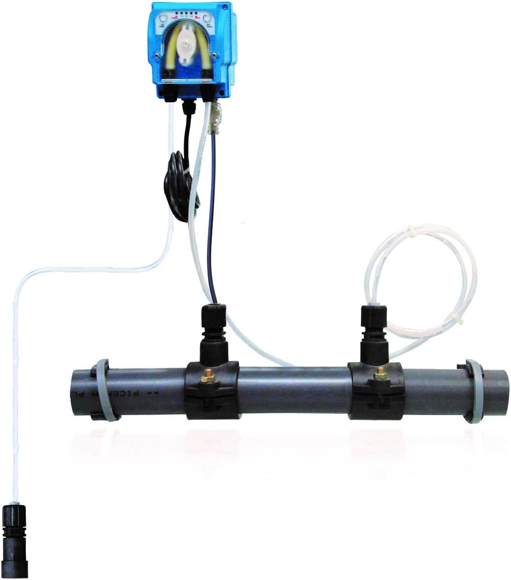 Aqualux Doseco pH Minus Dosing Pump connected to pool pipework
