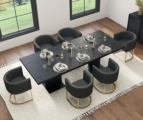 Image of HNY Mid Century Modern Upholstered Barrel Dining Chairs with Arms Set of 6, Linen Kitchen & Dining Room Chairs, 18.5 inch Wide Accent Chairs for Dining Room Living Room with Gold Metal Frame, Charcoal