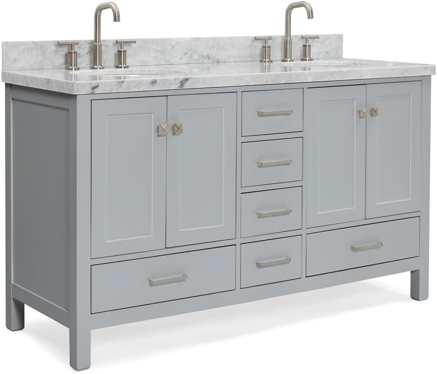 ARIEL Cambridge 60-inch Bathroom Vanity with Sink,Solid Wood, 1.5-inch Italian Carrara Marble Countertop & Backsplash, Double Oval Porcelain Sink, 4 Soft Closing Doors, 6 Dovetail Drawers, Grey