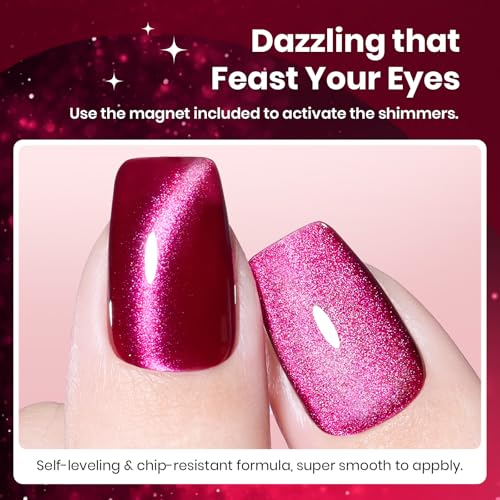 Image of Beetles Pink Cat Eye Gel Nail Polish - 15ML Gel Polish Glitter Pink Cat Eye Magnetic Soak Off UV Cherry Shimmer Nail Art Design Manicure Gift for Women