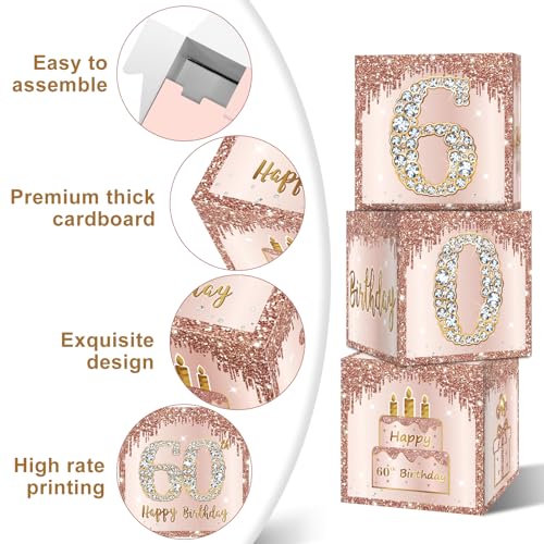 Image of Guiruiy 3 Packs Pink Rose Gold 60th Birthday Balloon Boxes, 10.6 x 10.6 x 10.6 inches, Happy 60th Birthday Decorations for Women