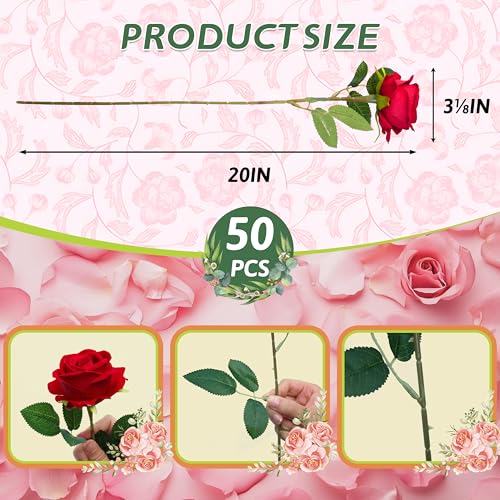 50 PCS Fake Red Roses, Artificial Red Flowers Bulk Realistic Silk Faux Rose with Stems for Wedding Decoration Anniversary Bridal Bouquet DIY Floral Arrangement Romantic Home Decor Gifts - Image 4
