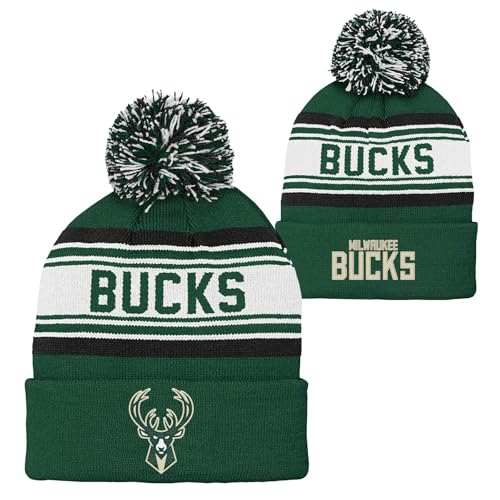 Outerstuff NBA Kids Youth Official Primary Logo Sport Knit Cold Weather Cuffed Pom Beanie Hat 8-20 (US Alpha One Size Milwaukee Bucks)