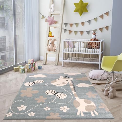 VIMODA Kinderteppiche Giraffe mit Schmetterling und Blumen | Kinderteppich für Mädchen und Jungs |...
