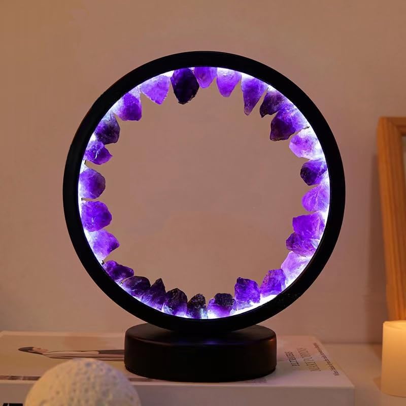 Natural Crystal Lamp, Three Light Modes, Adjustable Brightness, USB Port Power Supply (Black Round Dark Amethyst)