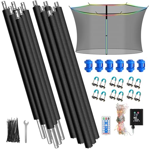 6PCS Trampoline Replacement Poles and 14FT Enclosure Net with Solar Light Universal Trampoline Replacement Net and Enclosure Pole with Caps & Hardware Fits 14FT Round Frame with 6 Straight Pole