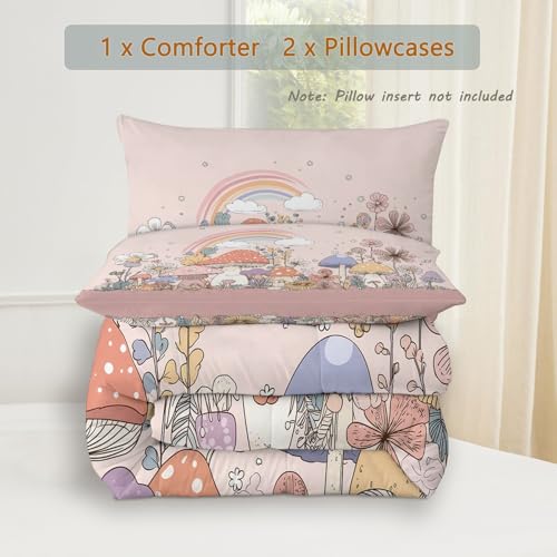 Couette 220x240 rose réversible en microfibre douce avec motif champignon