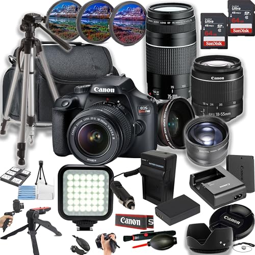 Canon EOS Rebel T100 DSLR Camera 18MP DSLR Camera + 18-55mm & 75-300mm Lenses+ LED Light + 128GB Memory + Lenses + Filters + Case + Tripod + Grips + Added Power, and More (28pc Bundle) (Renewed)