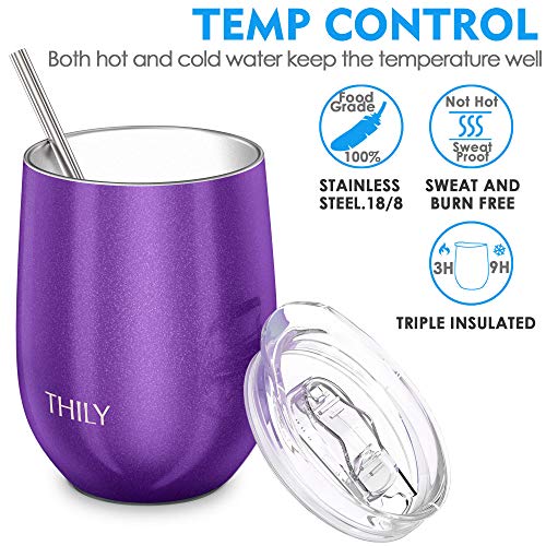 Thily Vacuum Insulated Stemless Wine Tumbler Triple-Insulated Stainless Steel Wine Glass With Lid, Reusable Straw, 12 Oz, Wine, Coffee, Cocktails, Gifts Ideas For Women, Her, Girls, Purple #TOP1