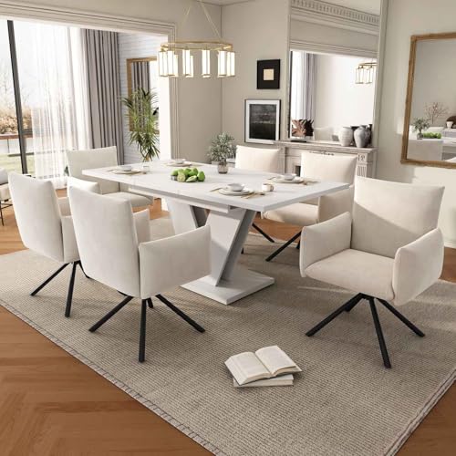 Table à manger blanche rectangulaire avec pied en V design et robuste - 7