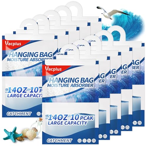 Image of Vacplus Moisture Absorber, 14.0 OZ Hanging, Strong Absorption, Ocean Breeze | Closet, Enclosed Spaces, Bathroom, Odor Eliminator, Dehumidifier Bags, 10 Pack