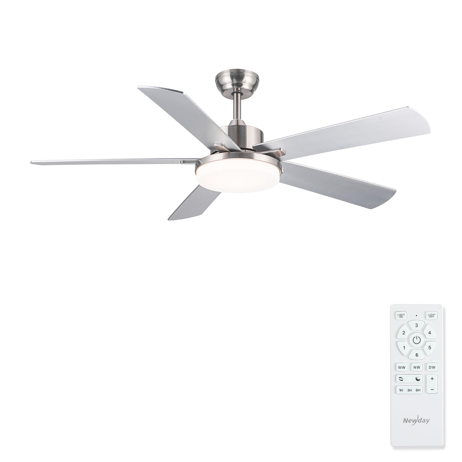 Newday Ventilador de Techo con Luz y Mando Plata Silencioso, 107cm Reversibles Ventilador de Techo con Lampara Regulable, Patrones de Sueño para Dormitorio, Salon, Sala de Estar, Terraza, Cocina