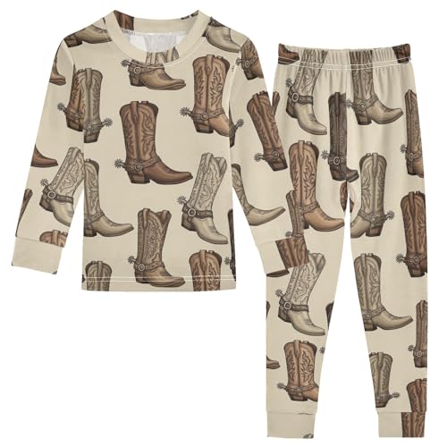 Pajama Sets Long Sleeve Cowboy Boots Pattern Print_1 Soft Comfy Sleepwear 2 Piece PJS 3-8T