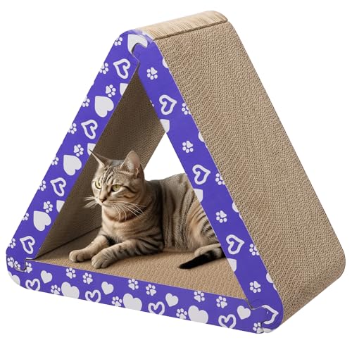 Navaris 3-in-1 Cat Scratcher - Triangle Design Cardboard Cat Scratchers - Easy Assembly Board House for Cats - Large Multi-Sided Scratch Pad, Mat Bed - 44.5cm