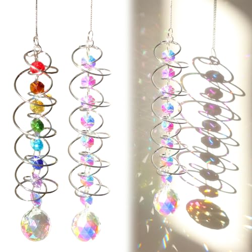 COZERI 2 Stück Kristall Sonnenfänger Windspiel Mit Spiralrotor, Dekorative Windspiele Für Garten Fenster Balkon, Bunte Regenbogen Lichteffekte