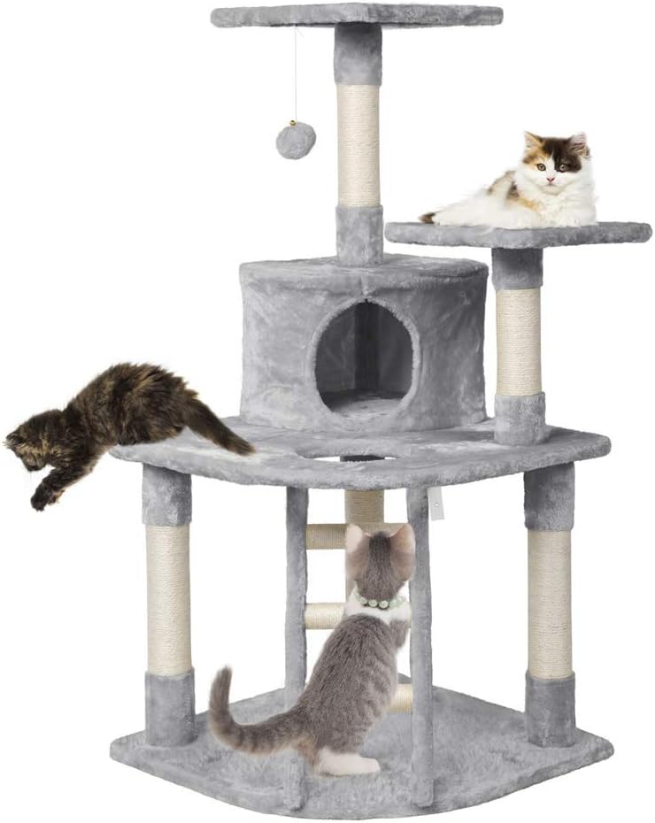 47.5’’ H Multi Level Cat Tree Condo with Scratching Post & Lounger & Ladder & Fur Ball Cat Furniture Indoor Cat Tower Light Gray