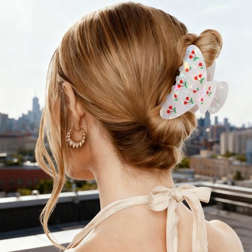 Image of OWIIZI Cherry Hair Clips for Women 3.5 inch Durable Acetate Cute Hair Claw Clips Ponytail Barrette Strong Hold Acrylic Hair Accessories for Girls Long Thick Hair