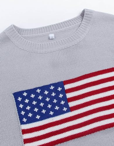 Image of Womens American Flag Sweater Long Sleeve Crew Neck Knitted Casual Pullover Sweater (Gray, Large)